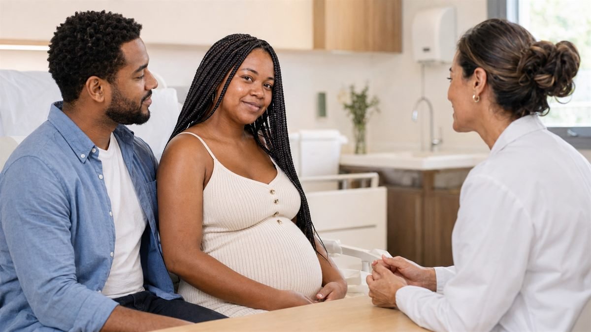 Gestante com acompanhante conversando com médico na maternidade