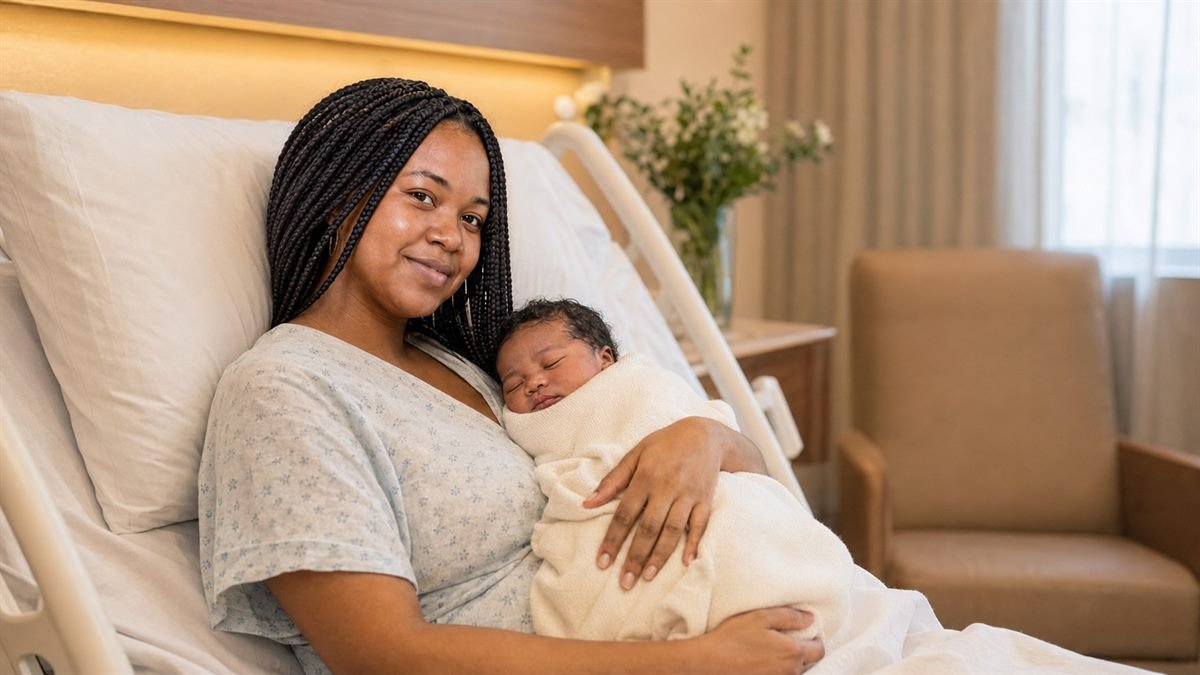 Mãe com recém-nascido após o parto com direitos garantidos