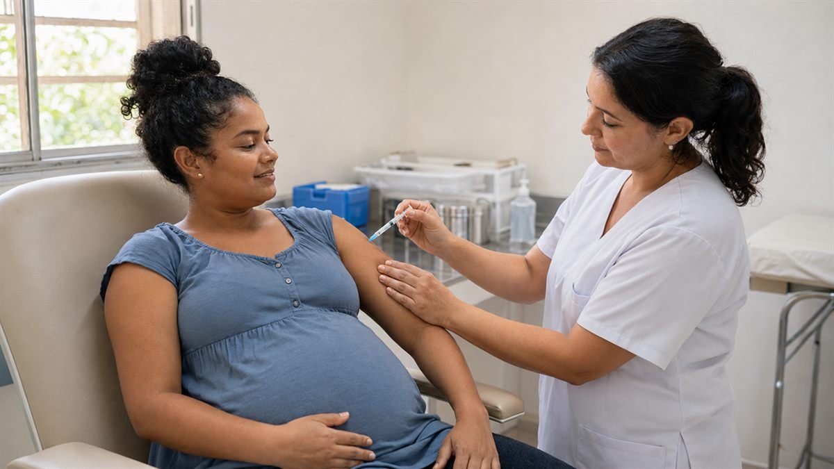Gestante recebendo vacina gratuita durante o pré-natal pelo SUS