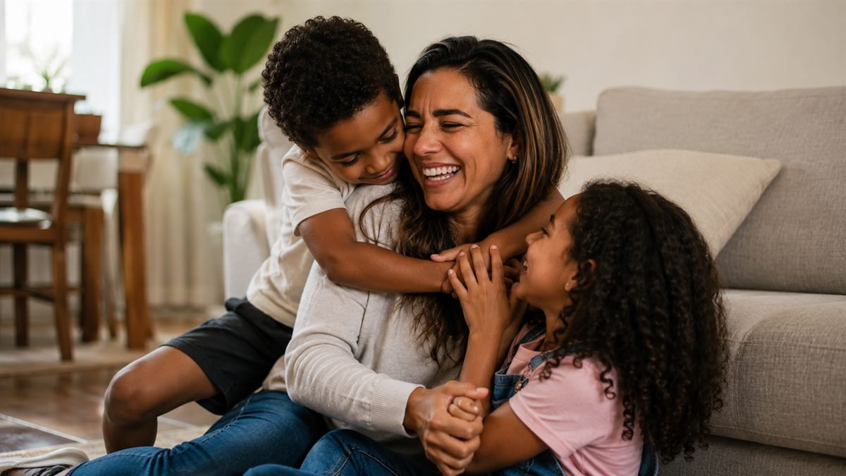 Família brincando em casa durante a licença da mãe adotiva