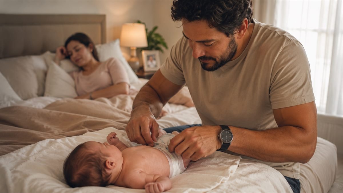 Pai cuidando do bebê enquanto a mãe descansa no pós-parto