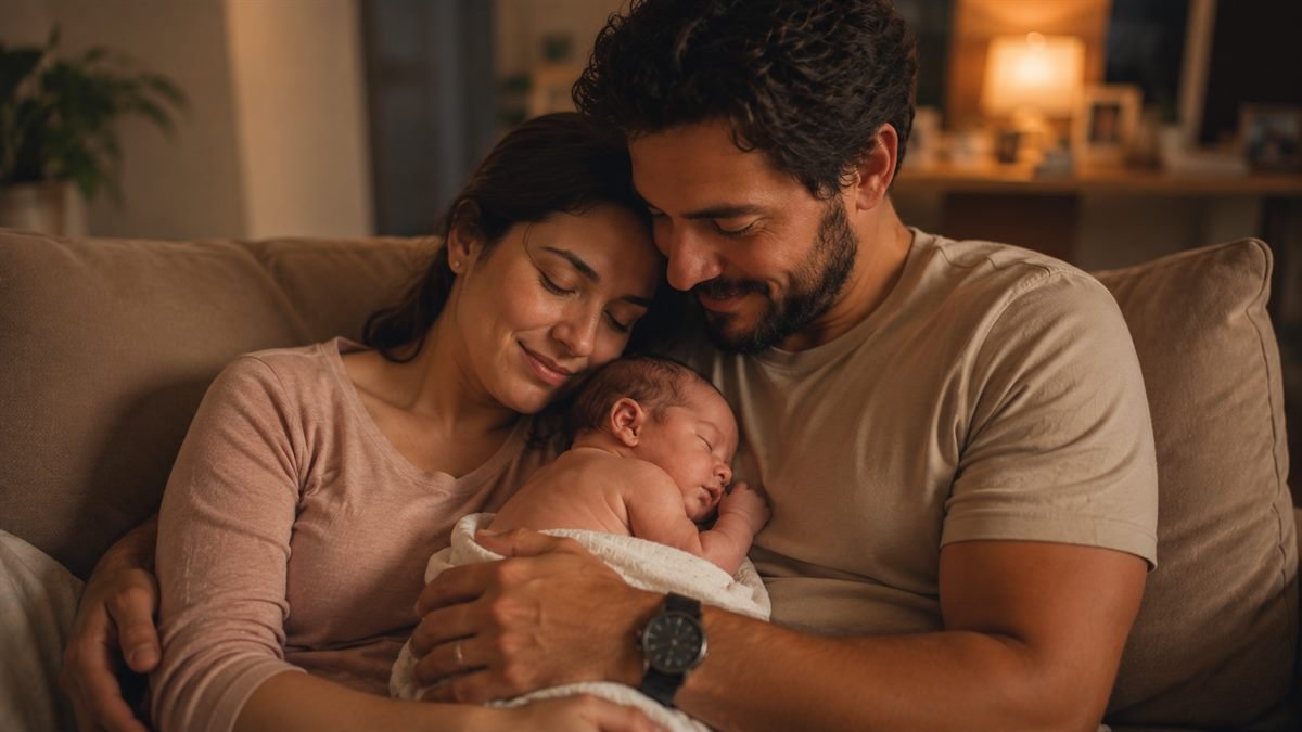 Casal com o bebê em casa nos primeiros dias de vida