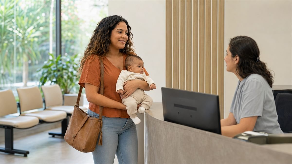 Mãe com bebê de colo usando o atendimento prioritário