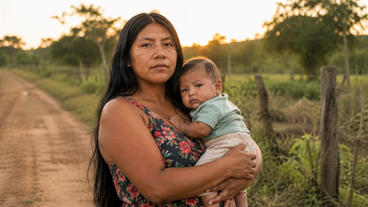 Mãe do campo com o bebê durante a licença maternidade