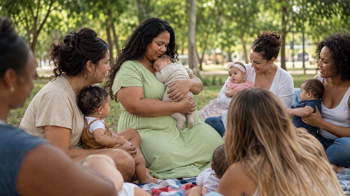 Mães juntas defendendo o direito de amamentar em público
