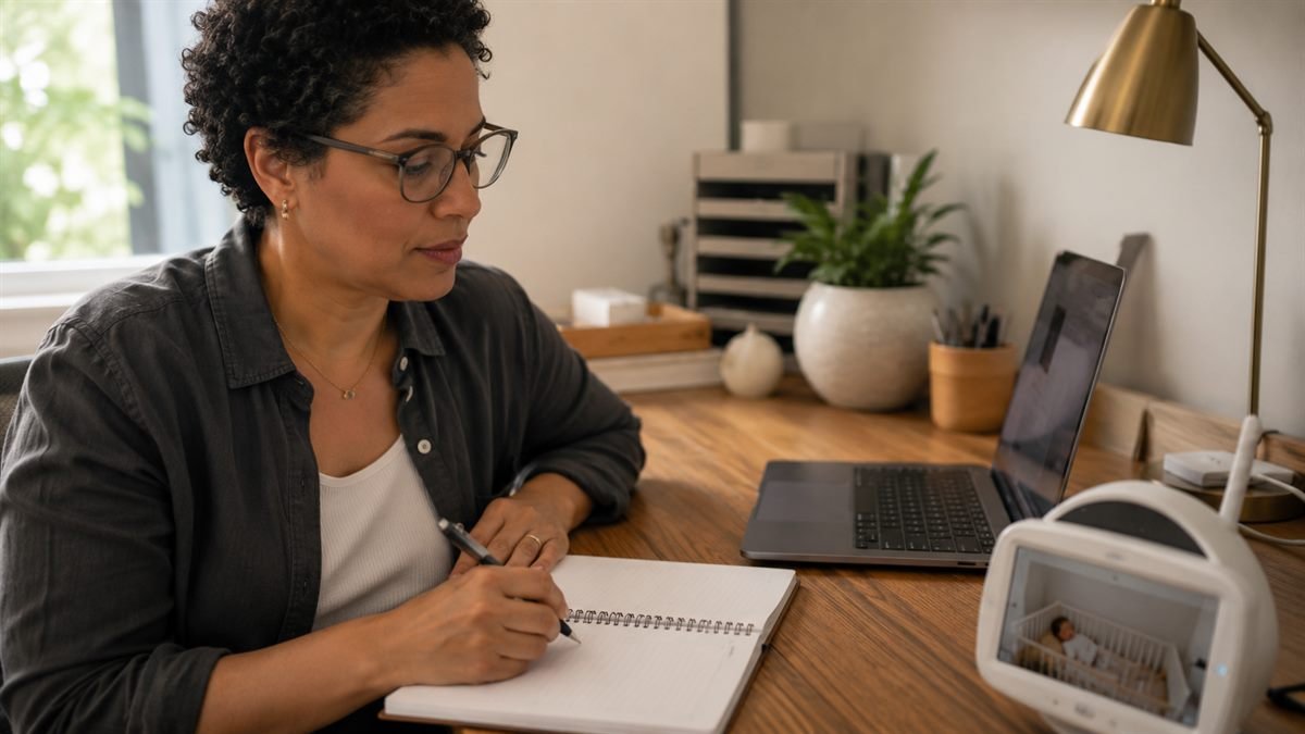 Aditivo escrito define equipamentos e custos Estação de trabalho em home office de uma mãe