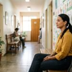 Mãe esperando enquanto o filho autista faz terapia coberta pelo plano de saúde