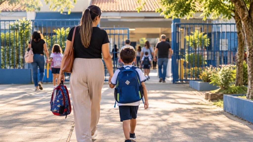 Mãe levando o filho para a escola pública perto de casa