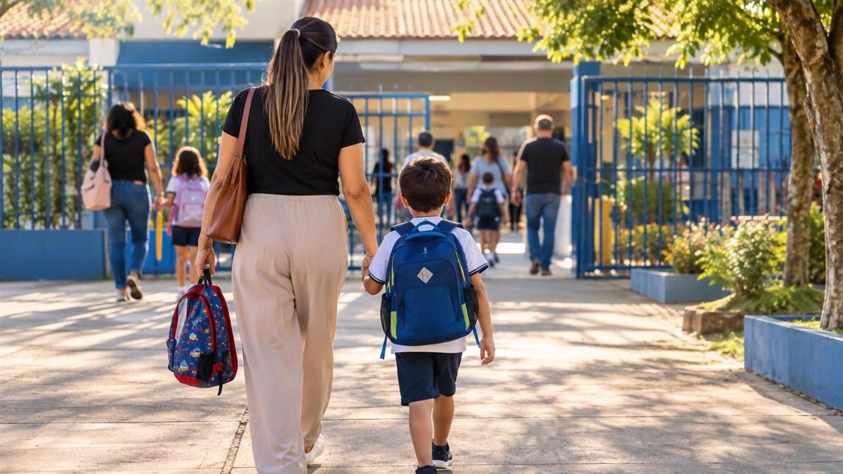 Mãe levando o filho para a escola pública perto de casa
