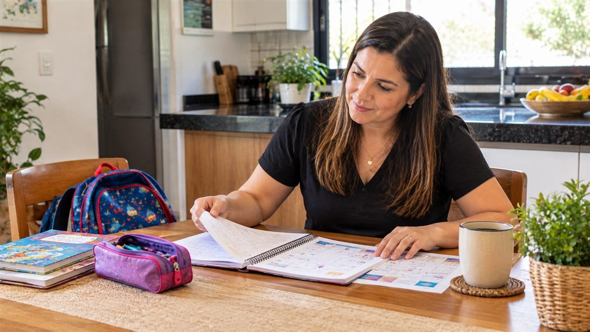 Mãe conferindo em casa o caderno e o calendário escolar do filho