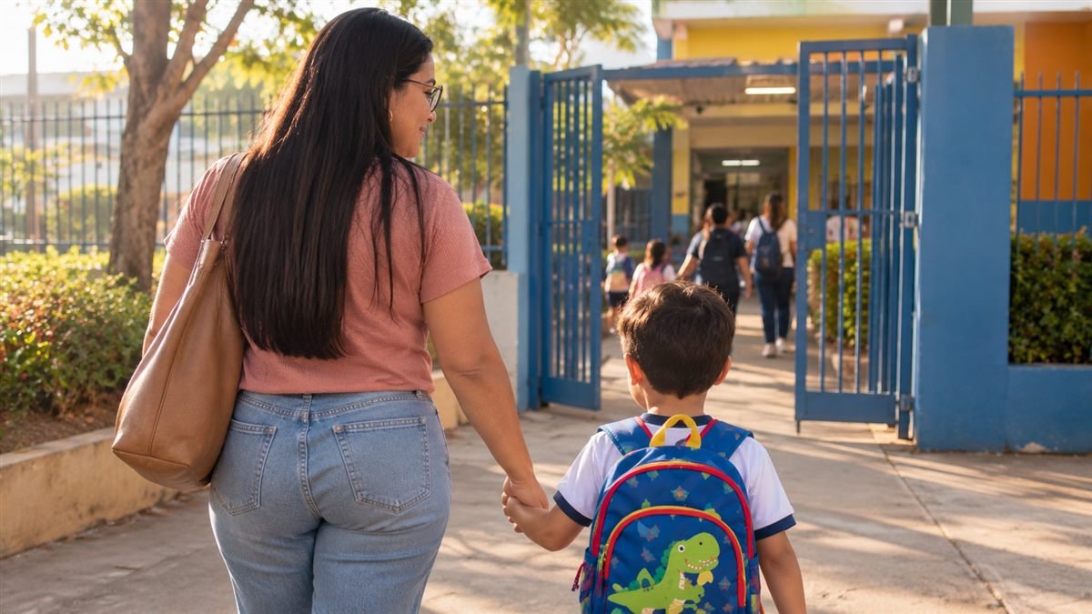A matrícula é obrigatória a partir dos 4 anos, na pré-escola Mãe levando o filho de mãos dadas até o portão da escola